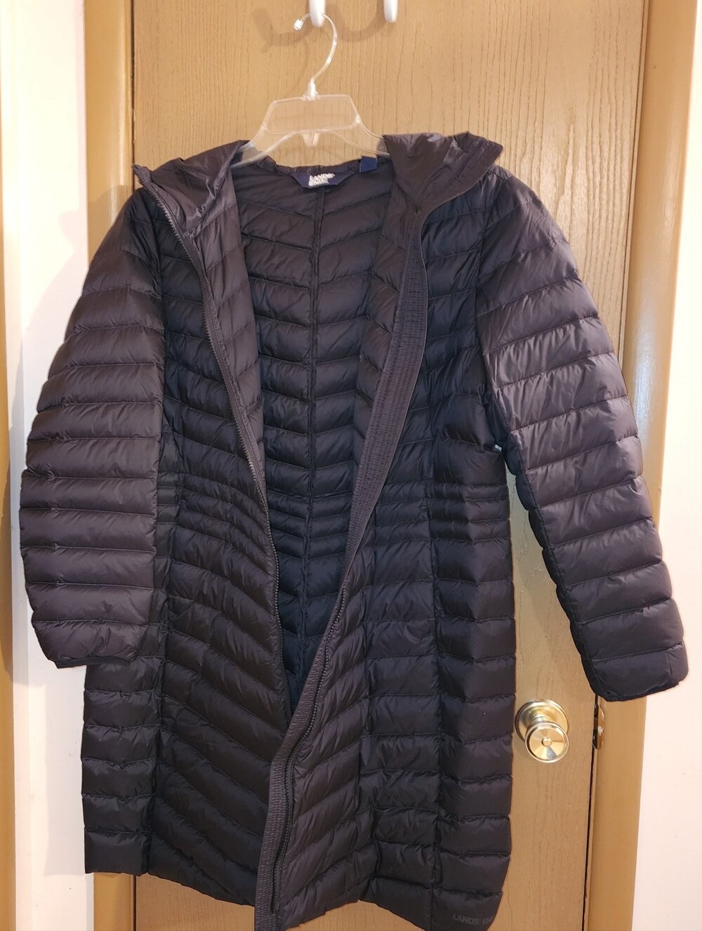 Lands' End Black Long Packable Hooded Puffer Coat